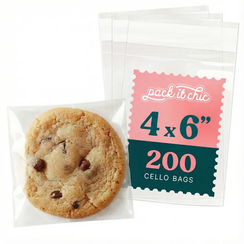 Pack It Chic 4" X 6" Self Sealing Cellophane Bags (200 Pack) - Clear Cookie Bags With Seal for Baked Goods Packaging, Cookie Wrappers, Bakery Packaging, Bake Sale, Candy, Treats, Goodies, Gifts, Party Favors - Image 1